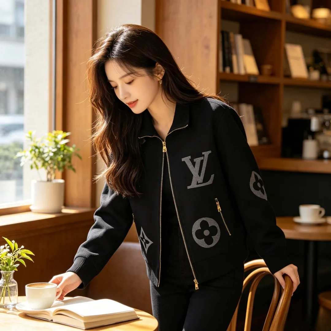 Louis Vuitton/Louis Vuitton Grand Logo Jacquard Stand Collar Knit Jacket Jacket